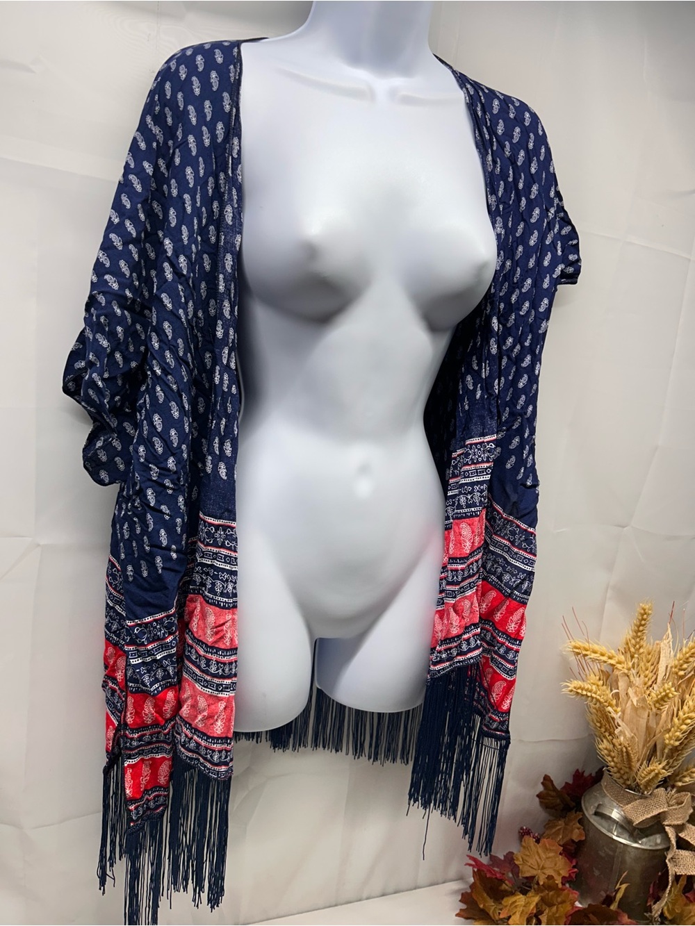 Navy and Red Printed Fringe Kimono Wrap - Women's Scarf & Wrap